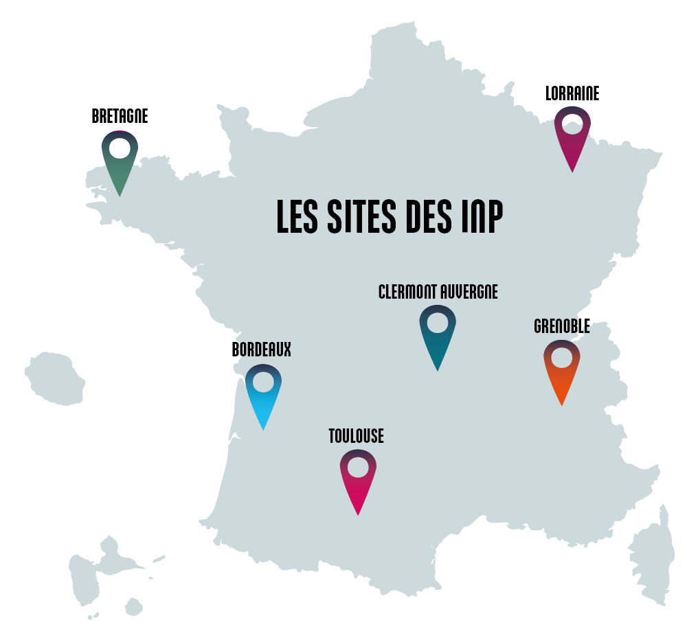 Carte schématique des sites des INP : Bretagne, Bordeaux, Clermont-Ferrand, Grenoble, Nancy et Toulouse